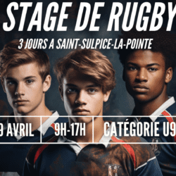 Jeunes passionnés de rugby regardant la caméra lors du stage à Saint-Sulpice-la-Pointe pendant les vacances de Pâques 2024. Rejoignez-nous pour une expérience sportive inoubliable !