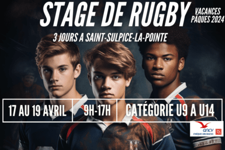 Jeunes passionnés de rugby regardant la caméra lors du stage à Saint-Sulpice-la-Pointe pendant les vacances de Pâques 2024. Rejoignez-nous pour une expérience sportive inoubliable !