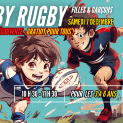 Deux enfants jouent au rugby, portant des maillots colorés et souriants. Le texte annonce une journée découverte gratuite pour les enfants de 3 à 6 ans