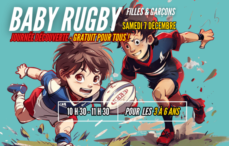 Deux enfants jouent au rugby, portant des maillots colorés et souriants. Le texte annonce une journée découverte gratuite pour les enfants de 3 à 6 ans