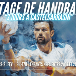 Illustration sportive représentant un joueur de handball en pleine action, tenant un ballon, avec un fond dynamique bleu et blanc. L'image met en avant l'énergie et le dynamisme du handball.