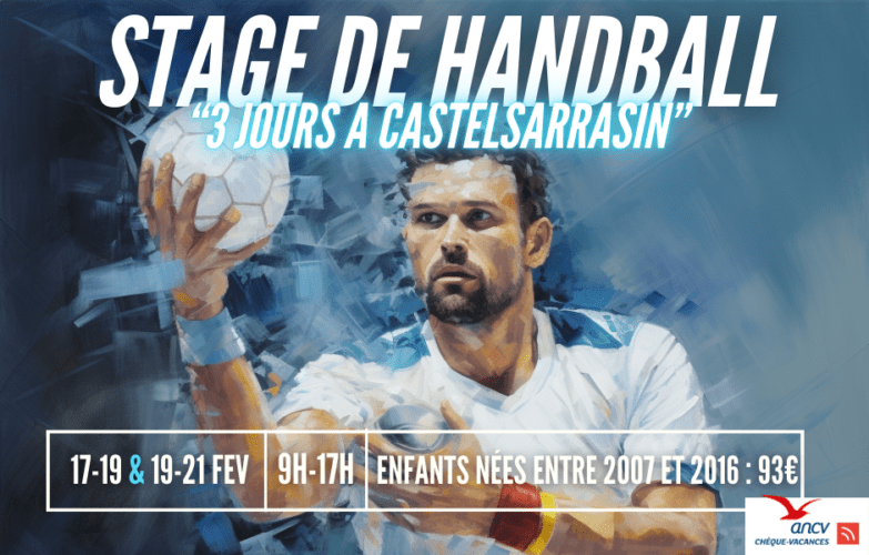 Illustration sportive représentant un joueur de handball en pleine action, tenant un ballon, avec un fond dynamique bleu et blanc. L'image met en avant l'énergie et le dynamisme du handball.