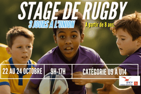 Du 25 au 27 février 2026, participez au stage de Rugby à L'Union. Améliorez vos compétences et réservez maintenant pour vivre une expérience sportive inoubliable ! Stage de rugby de 3 jours à L’Union pour enfants U9 à U14, entraînement de 9h à 17h pendant les vacances