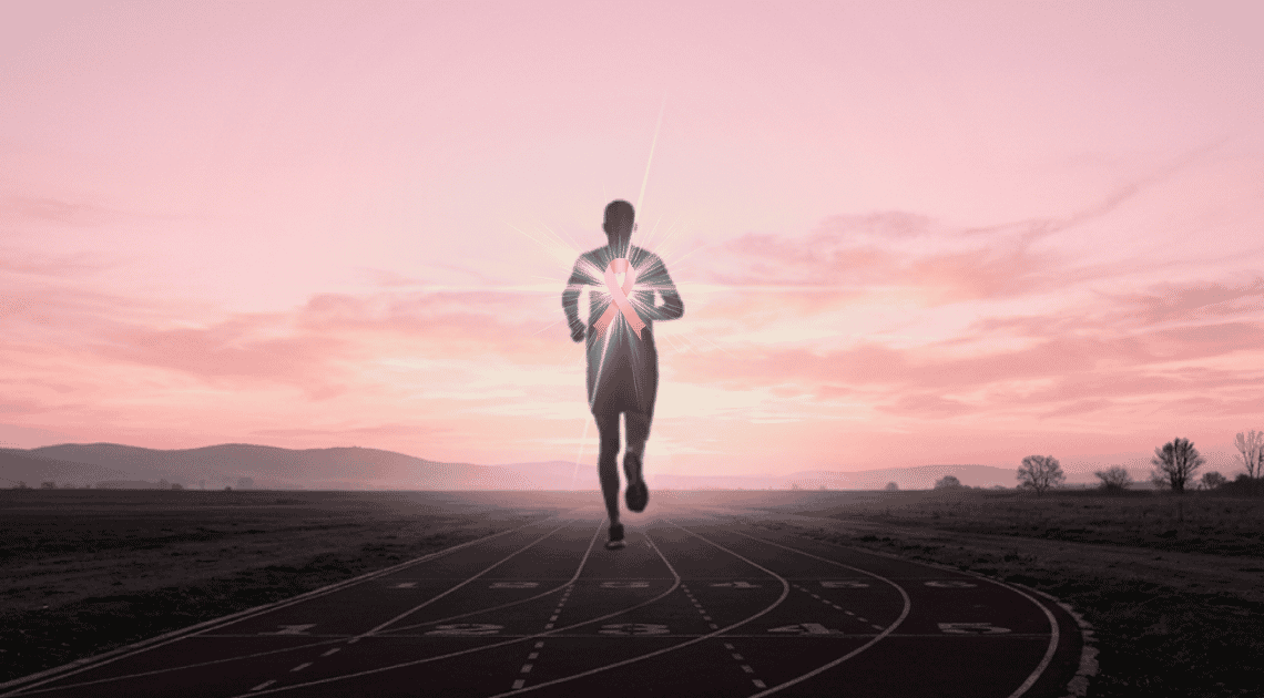 Coureur au lever du soleil portant un ruban rose, symbole d'Octobre Rose et du dépassement de soi
